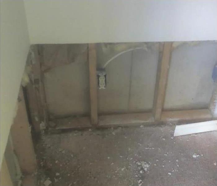 Flood cuts, bottom of drywall has been removed, mold found behind drywall.